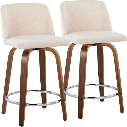 Toriano 24" Swivel Counter Stool in Walnut Wood & Cream Noise Fabric with Chrome Footrest (Set of 2)